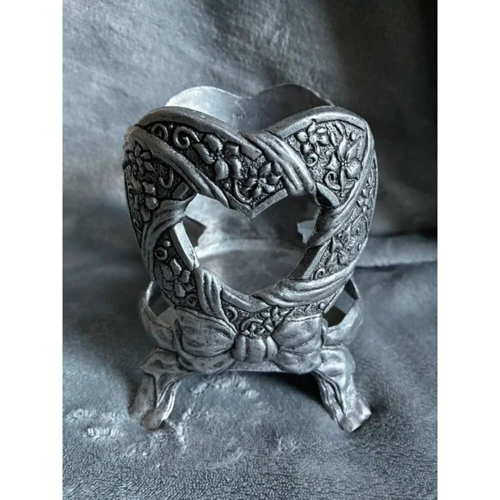 Vintage 1996 Carson Pewter Heart Jar Candle Holder Floral Bow Design